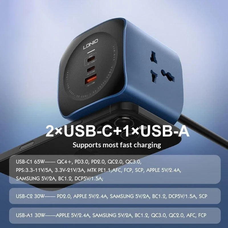 LDNIO SC3319 65W GaN Regleta de Enchufes 3 Salidas AC 3 Puertos USB Cargador de Escritorio Enchufe de Pared con Cable de 2m