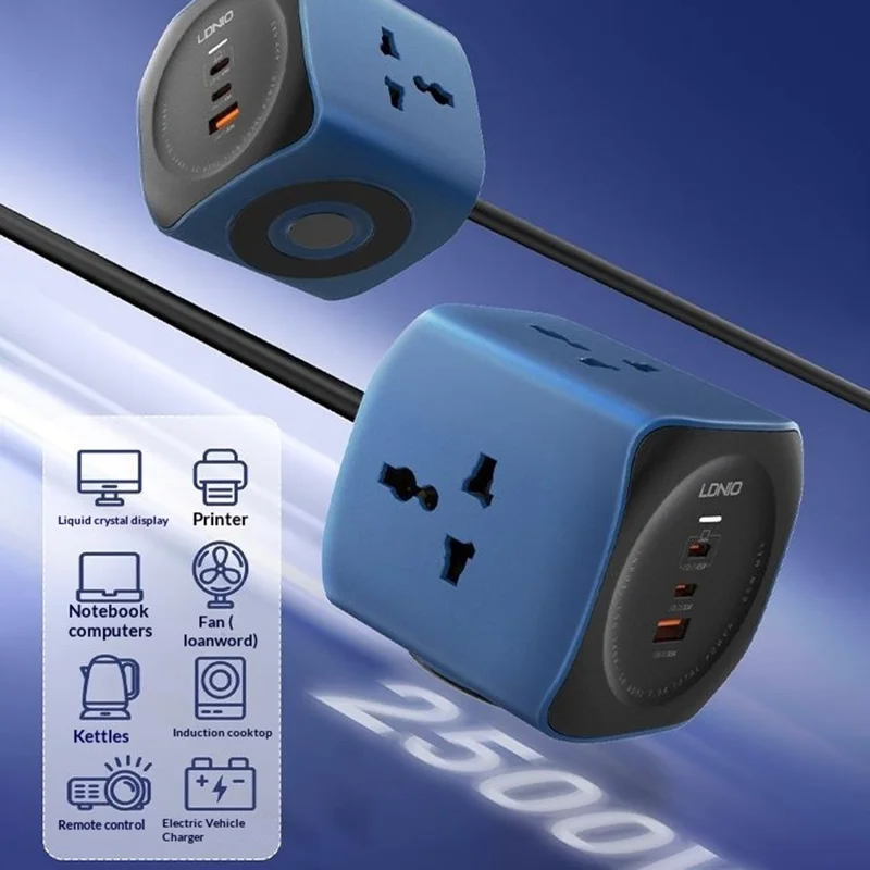 LDNIO SC3319 65W GaN Regleta de Enchufes 3 Salidas AC 3 Puertos USB Cargador de Escritorio Enchufe de Pared con Cable de 2m