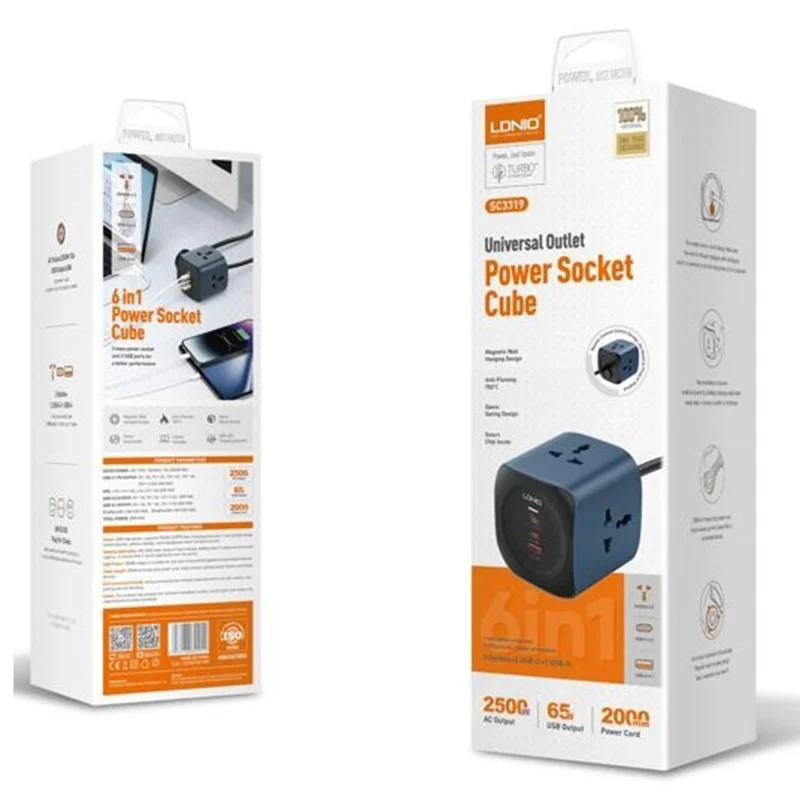 LDNIO SC3319 65W GaN Regleta de Enchufes 3 Salidas AC 3 Puertos USB Cargador de Escritorio Enchufe de Pared con Cable de 2m