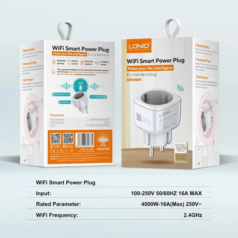 LDNIO SEW1080 Tomada Inteligente WiFi Branca com Controlo Remoto, Temporizador Programável, Medidor de Energia, Carregador de Parede para Casa e Escritório - Tomada EU