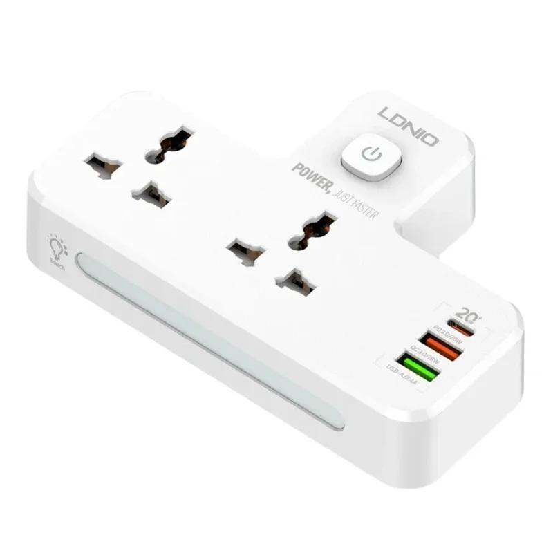LDNIO SC2311 20W Power Strip de Carga Rápida con 2 Enchufes CA, 3 Puertos USB, Enchufe de Pared con Luz LED Nocturna - Blanco