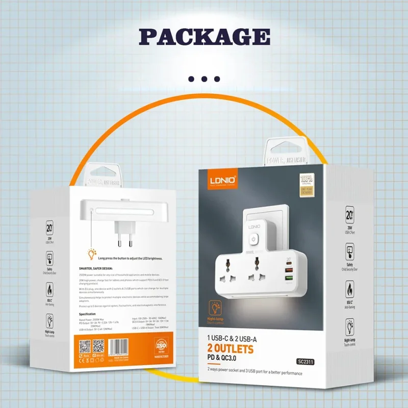 LDNIO SC2311 20W Power Strip de Carga Rápida con 2 Enchufes CA, 3 Puertos USB, Enchufe de Pared con Luz LED Nocturna - Blanco