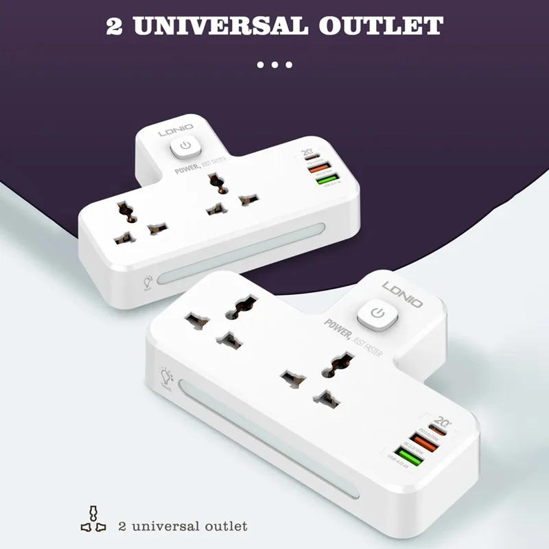 LDNIO SC2311 20W Power Strip de Carga Rápida con 2 Enchufes CA, 3 Puertos USB, Enchufe de Pared con Luz LED Nocturna - Blanco