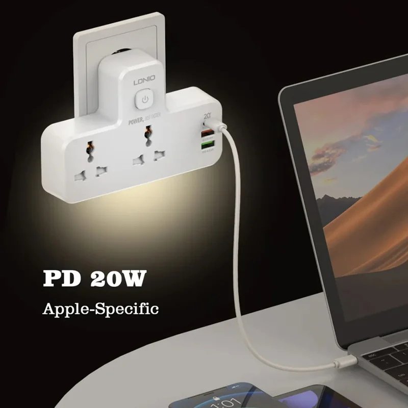 LDNIO SC2311 20W Power Strip de Carga Rápida con 2 Enchufes CA, 3 Puertos USB, Enchufe de Pared con Luz LED Nocturna - Blanco