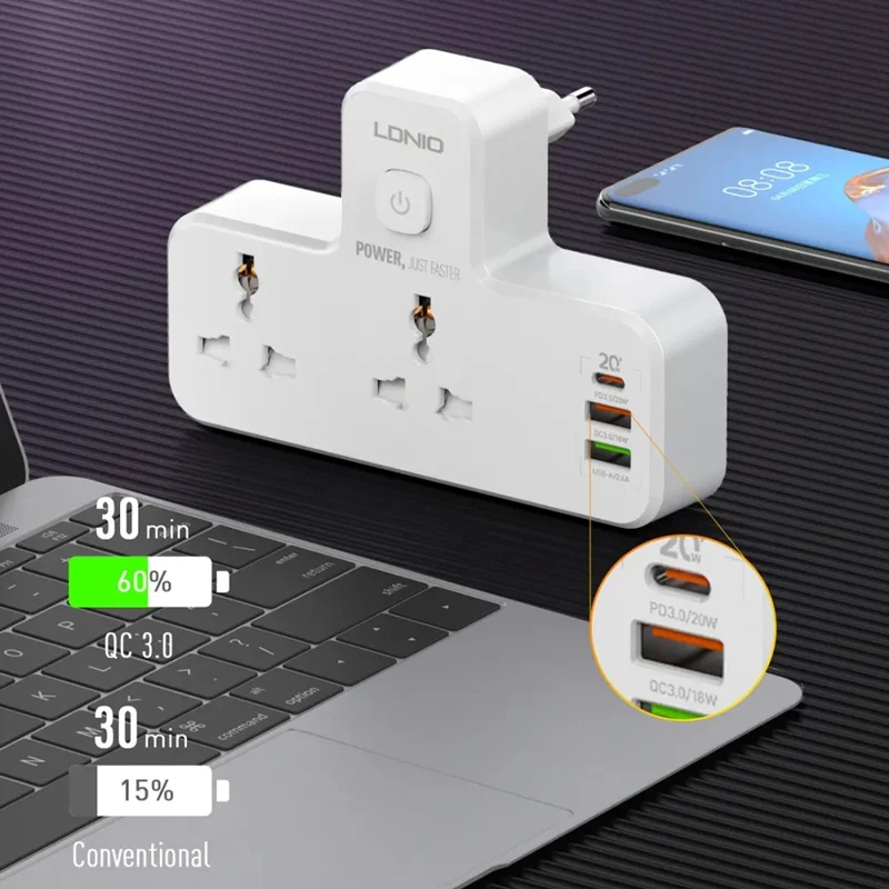 LDNIO SC2311 20W Power Strip de Carga Rápida con 2 Enchufes CA, 3 Puertos USB, Enchufe de Pared con Luz LED Nocturna - Blanco