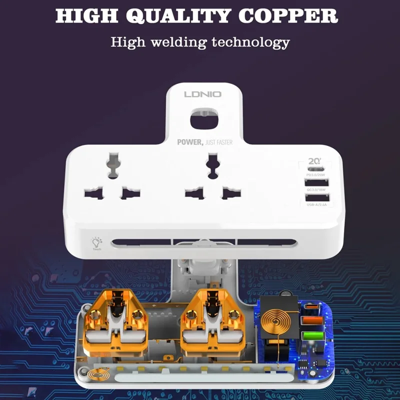 LDNIO SC2311 20W Power Strip de Carga Rápida con 2 Enchufes CA, 3 Puertos USB, Enchufe de Pared con Luz LED Nocturna - Blanco