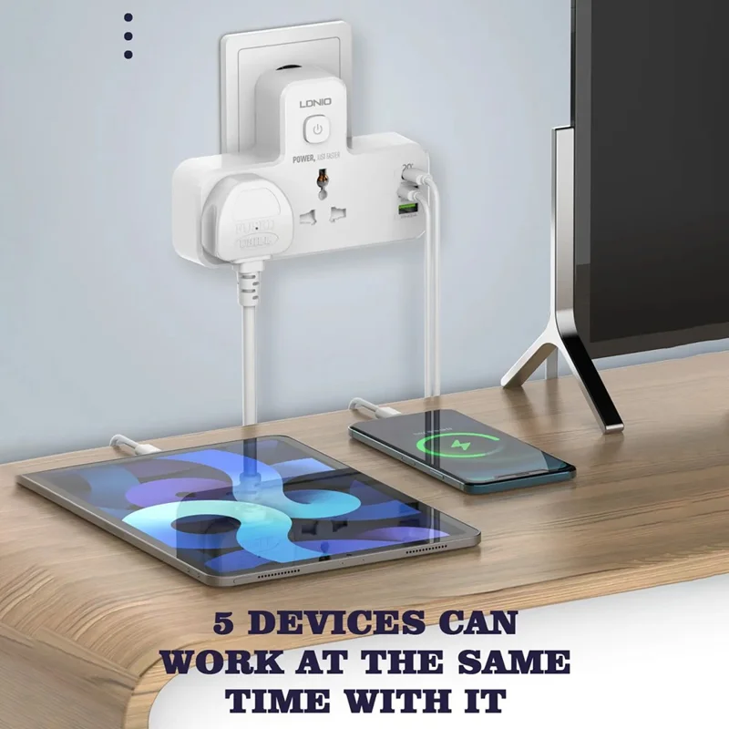 LDNIO SC2311 20W Power Strip de Carga Rápida con 2 Enchufes CA, 3 Puertos USB, Enchufe de Pared con Luz LED Nocturna - Blanco