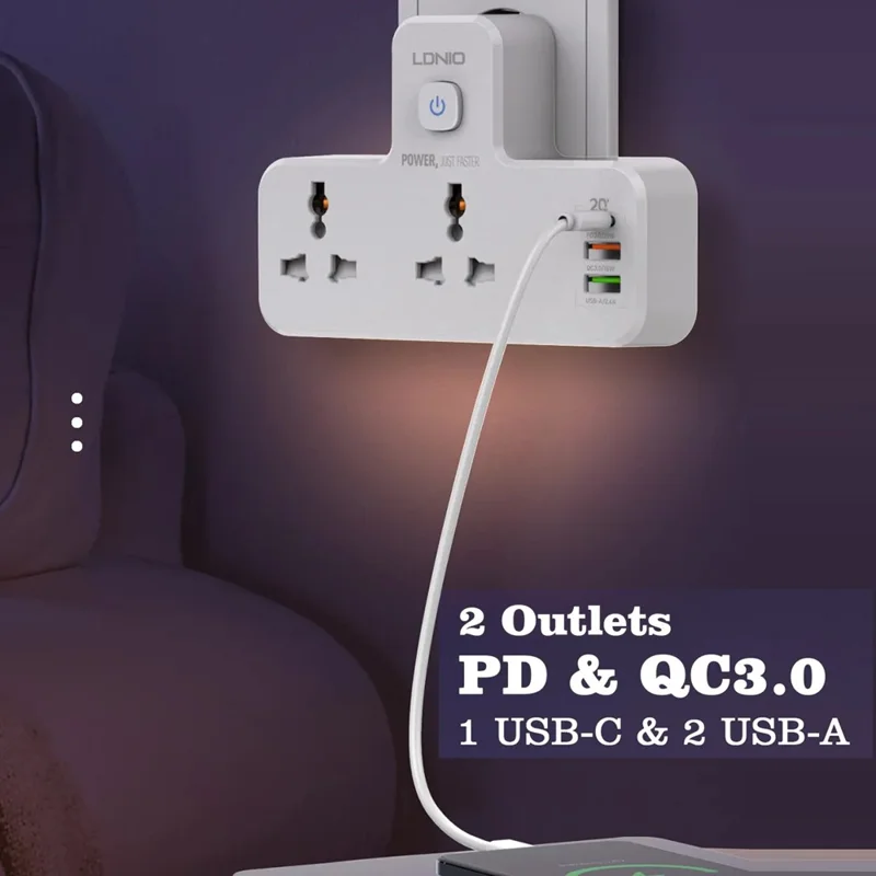 LDNIO SC2311 20W Power Strip de Carga Rápida con 2 Enchufes CA, 3 Puertos USB, Enchufe de Pared con Luz LED Nocturna - Blanco