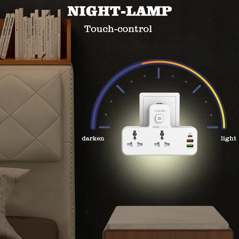 LDNIO SC2311 20W Power Strip de Carga Rápida con 2 Enchufes CA, 3 Puertos USB, Enchufe de Pared con Luz LED Nocturna - Blanco