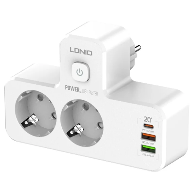 LDNIO SE2337 20 W PD-Schnellladestation mit 2 AC-Steckdosen, 3 USB-Anschlüsse, Wandstecker-Design, Ladestation, Netzstecker mit Nachtlicht – Weiß / EU-Stecker