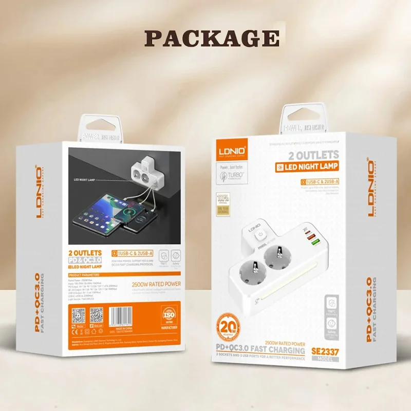 LDNIO SE2337 20 W PD-Schnellladestation mit 2 AC-Steckdosen, 3 USB-Anschlüsse, Wandstecker-Design, Ladestation, Netzstecker mit Nachtlicht – Weiß / EU-Stecker
