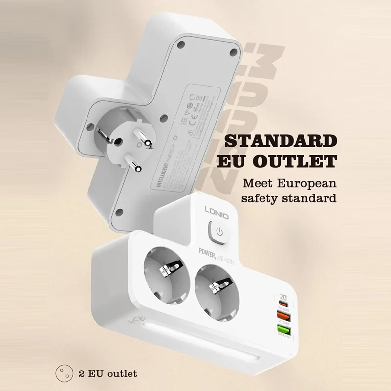 LDNIO SE2337 20 W PD-Schnellladestation mit 2 AC-Steckdosen, 3 USB-Anschlüsse, Wandstecker-Design, Ladestation, Netzstecker mit Nachtlicht – Weiß / EU-Stecker