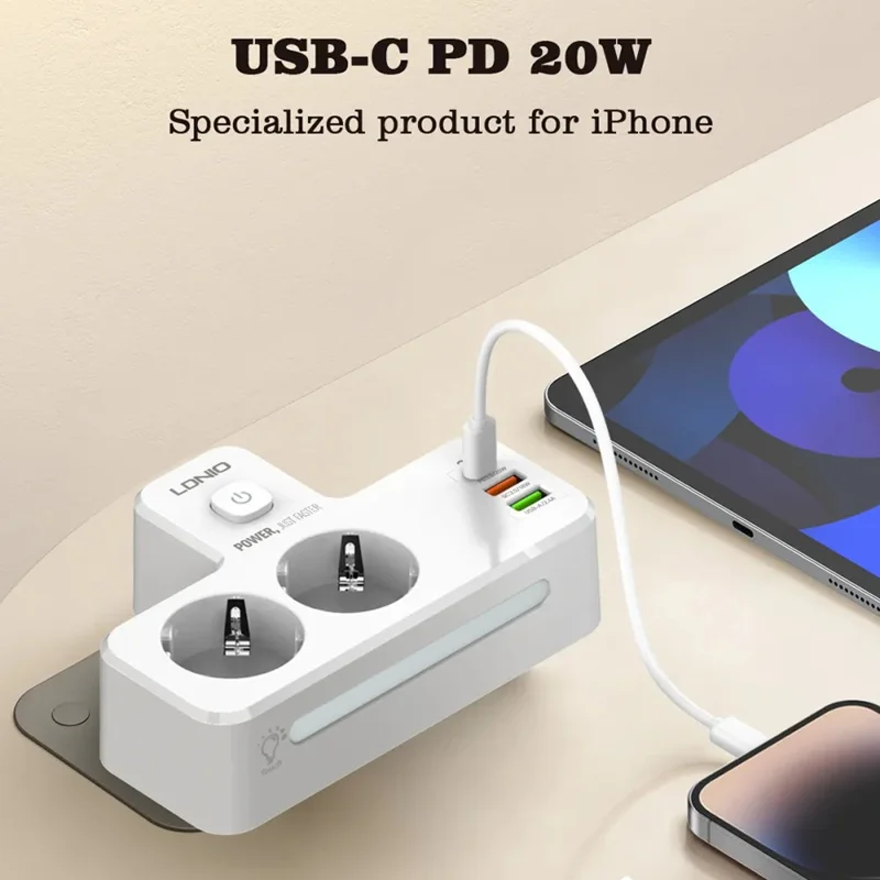 LDNIO SE2337 20 W PD-Schnellladestation mit 2 AC-Steckdosen, 3 USB-Anschlüsse, Wandstecker-Design, Ladestation, Netzstecker mit Nachtlicht – Weiß / EU-Stecker