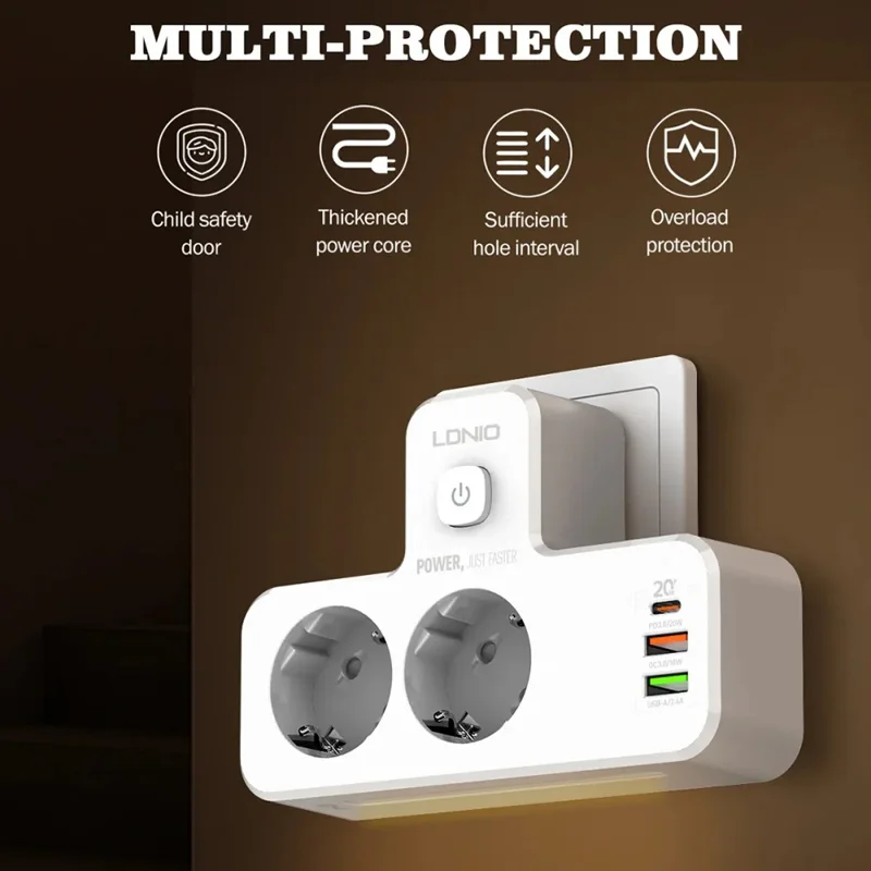 LDNIO SE2337 20 W PD-Schnellladestation mit 2 AC-Steckdosen, 3 USB-Anschlüsse, Wandstecker-Design, Ladestation, Netzstecker mit Nachtlicht – Weiß / EU-Stecker