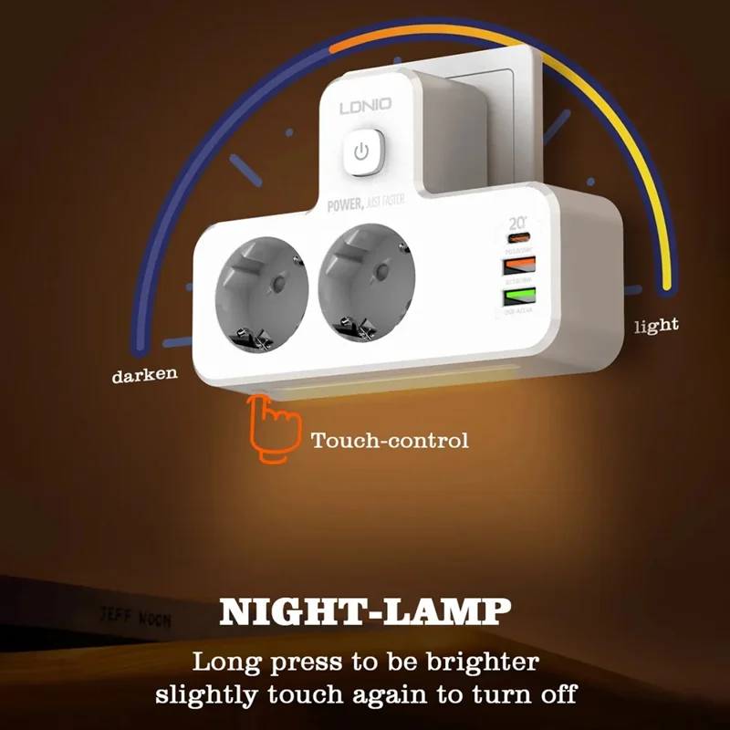 LDNIO SE2337 20 W PD-Schnellladestation mit 2 AC-Steckdosen, 3 USB-Anschlüsse, Wandstecker-Design, Ladestation, Netzstecker mit Nachtlicht – Weiß / EU-Stecker