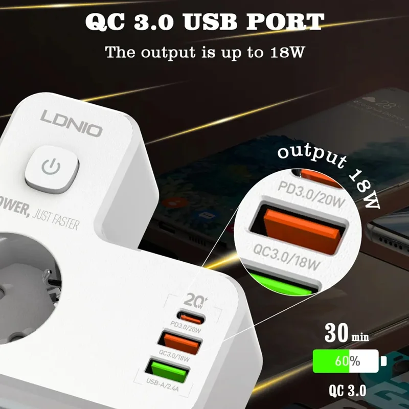 LDNIO SE2337 20 W PD-Schnellladestation mit 2 AC-Steckdosen, 3 USB-Anschlüsse, Wandstecker-Design, Ladestation, Netzstecker mit Nachtlicht – Weiß / EU-Stecker
