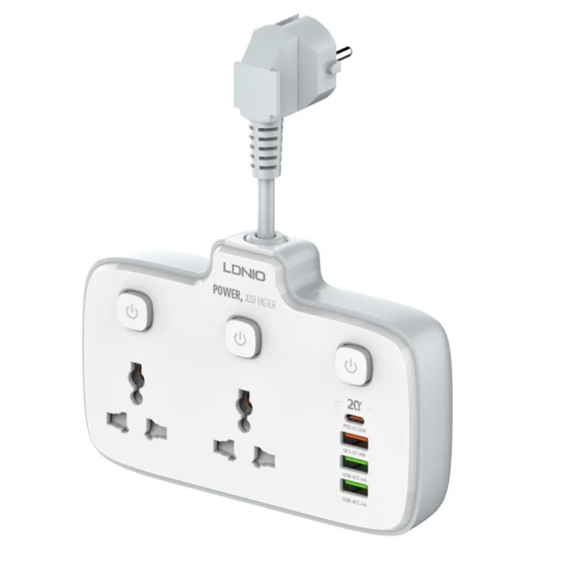 LDNIO SC2413 Regleta de 20 W 2500 W 2 Tomas AC 4 Puertos USB Cargador Rápido PD Enchufe de Extensión - Blanco / Enchufe UE