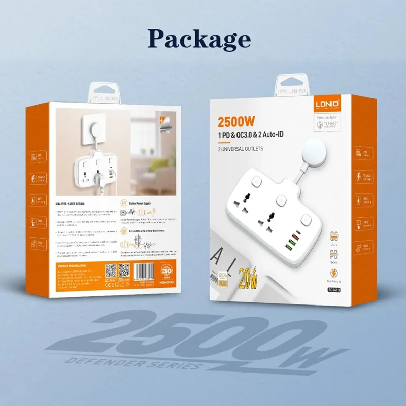 LDNIO SC2413 Regleta de 20 W 2500 W 2 Tomas AC 4 Puertos USB Cargador Rápido PD Enchufe de Extensión - Blanco / Enchufe UE