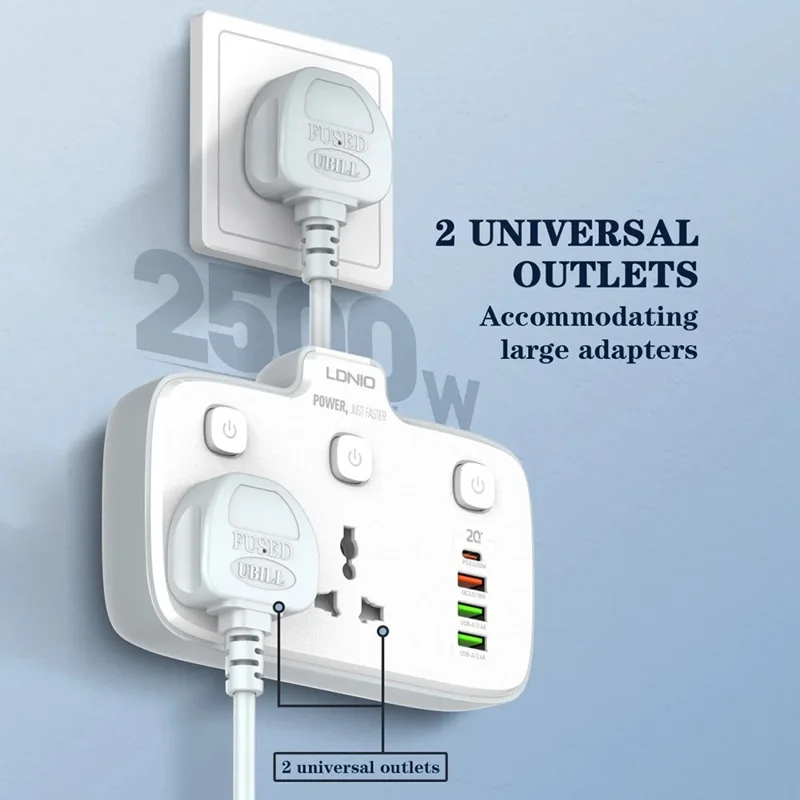 LDNIO SC2413 Regleta de 20 W 2500 W 2 Tomas AC 4 Puertos USB Cargador Rápido PD Enchufe de Extensión - Blanco / Enchufe UE