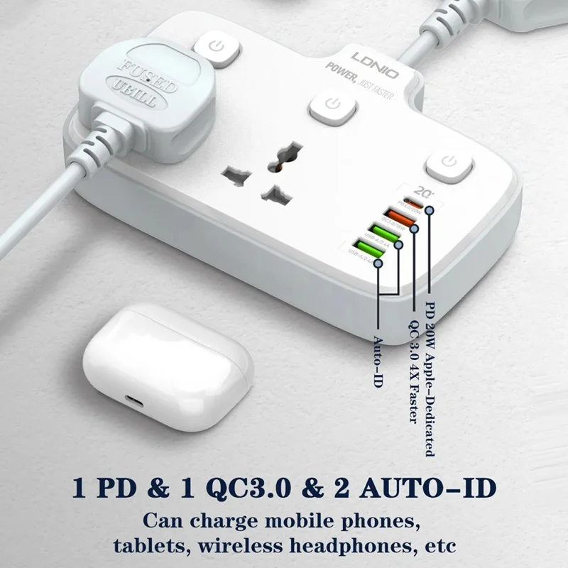 LDNIO SC2413 Regleta de 20 W 2500 W 2 Tomas AC 4 Puertos USB Cargador Rápido PD Enchufe de Extensión - Blanco / Enchufe UE