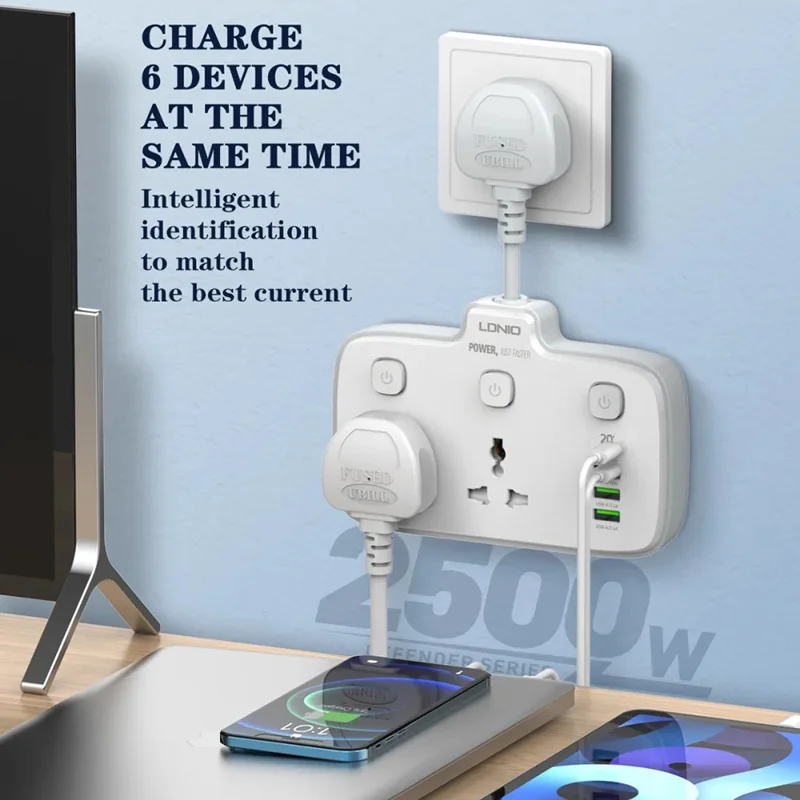 LDNIO SC2413 Regleta de 20 W 2500 W 2 Tomas AC 4 Puertos USB Cargador Rápido PD Enchufe de Extensión - Blanco / Enchufe UE