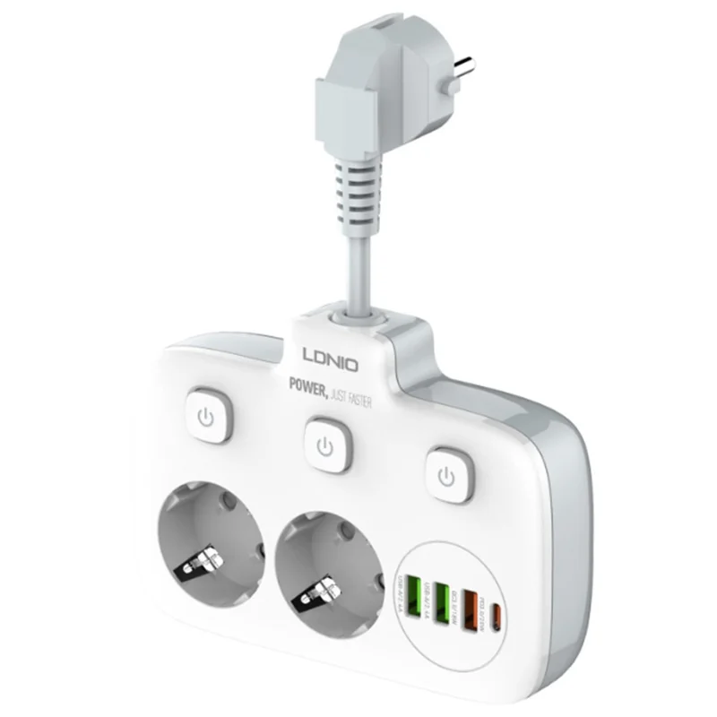LDNIO SE2435 Tira de alimentación con carga rápida PD de 20 W, 2 enchufes CA, 4 puertos USB, interruptor independiente, adaptador de escritorio - Blanco / Enchufe europeo