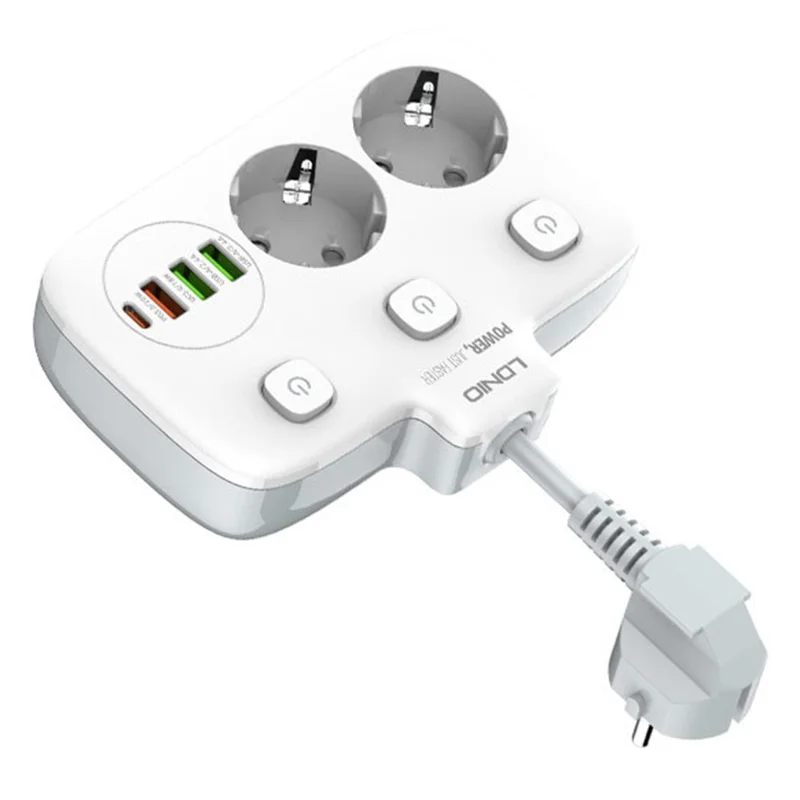 LDNIO SE2435 Tira de alimentación con carga rápida PD de 20 W, 2 enchufes CA, 4 puertos USB, interruptor independiente, adaptador de escritorio - Blanco / Enchufe europeo