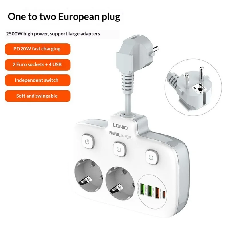 LDNIO SE2435 Tira de alimentación con carga rápida PD de 20 W, 2 enchufes CA, 4 puertos USB, interruptor independiente, adaptador de escritorio - Blanco / Enchufe europeo