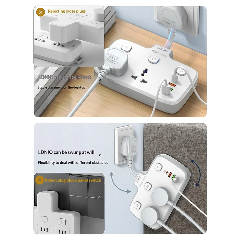 LDNIO SE2435 Tira de alimentación con carga rápida PD de 20 W, 2 enchufes CA, 4 puertos USB, interruptor independiente, adaptador de escritorio - Blanco / Enchufe europeo