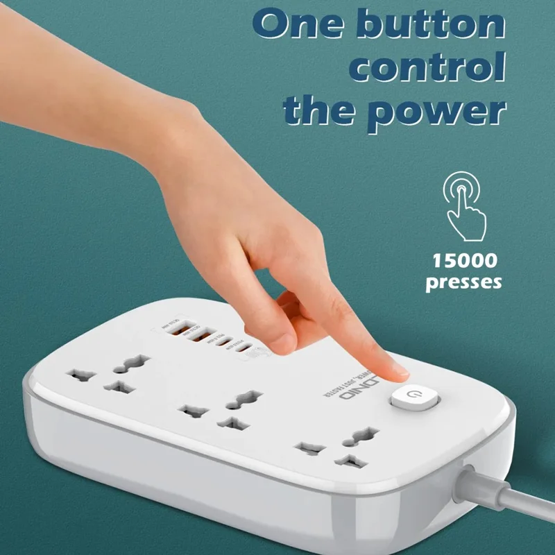 LDNIO SC3416 65W GaN Carga Rápida Regleta de Enchufes 3 Salidas AC 4 Puertos USB Cargador de Escritorio para Múltiples Dispositivos - Blanco