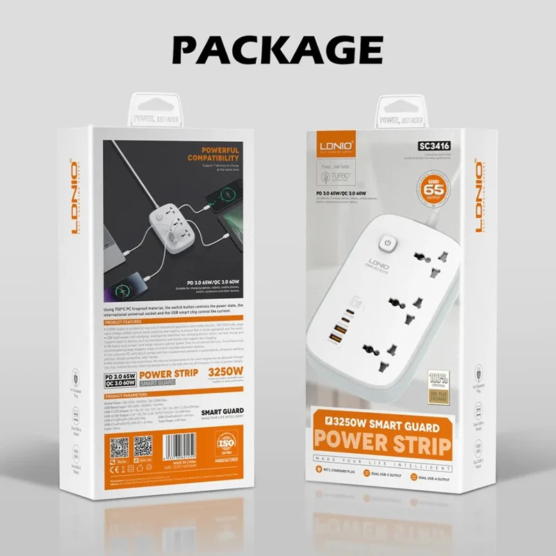 LDNIO SC3416 65W GaN Carga Rápida Regleta de Enchufes 3 Salidas AC 4 Puertos USB Cargador de Escritorio para Múltiples Dispositivos - Blanco