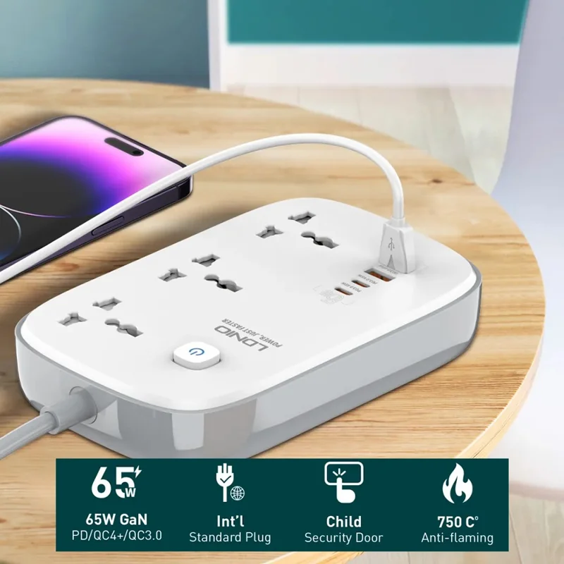 LDNIO SC3416 65W GaN Carga Rápida Regleta de Enchufes 3 Salidas AC 4 Puertos USB Cargador de Escritorio para Múltiples Dispositivos - Blanco