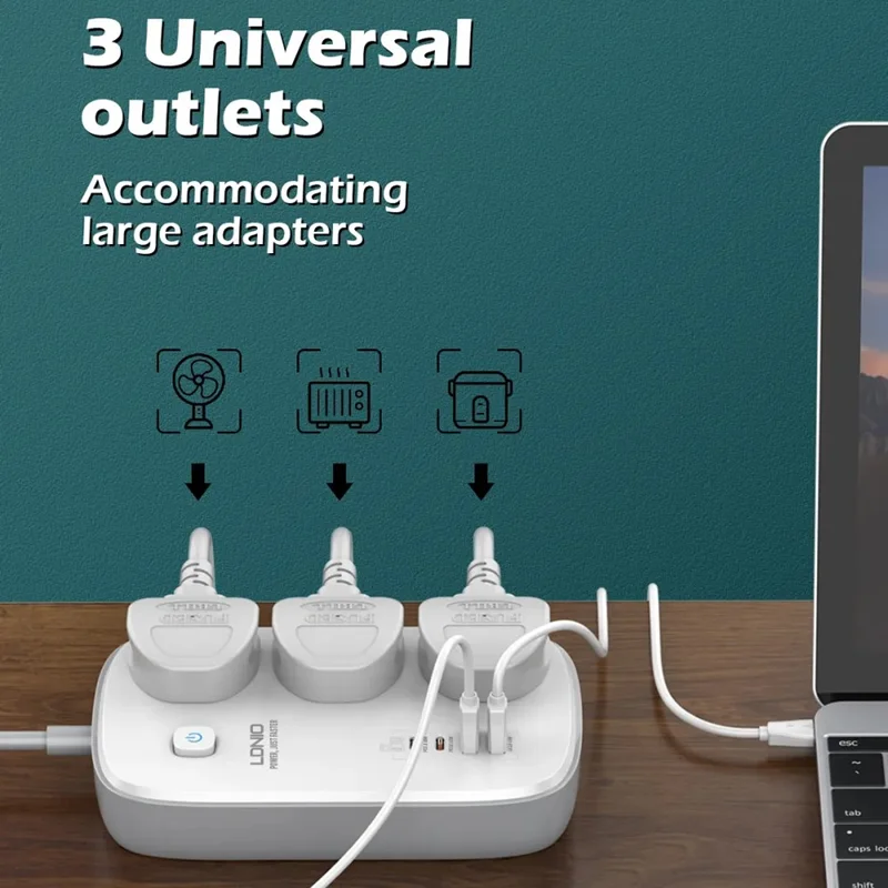 LDNIO SC3416 65W GaN Carga Rápida Regleta de Enchufes 3 Salidas AC 4 Puertos USB Cargador de Escritorio para Múltiples Dispositivos - Blanco