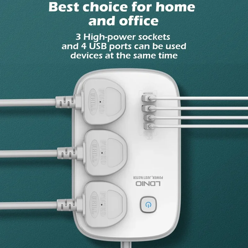 LDNIO SC3416 65W GaN Carga Rápida Regleta de Enchufes 3 Salidas AC 4 Puertos USB Cargador de Escritorio para Múltiples Dispositivos - Blanco