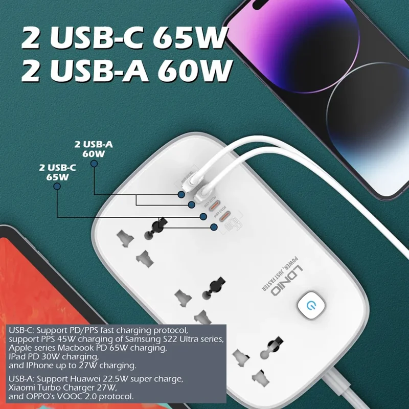 LDNIO SC3416 65W GaN Carga Rápida Regleta de Enchufes 3 Salidas AC 4 Puertos USB Cargador de Escritorio para Múltiples Dispositivos - Blanco