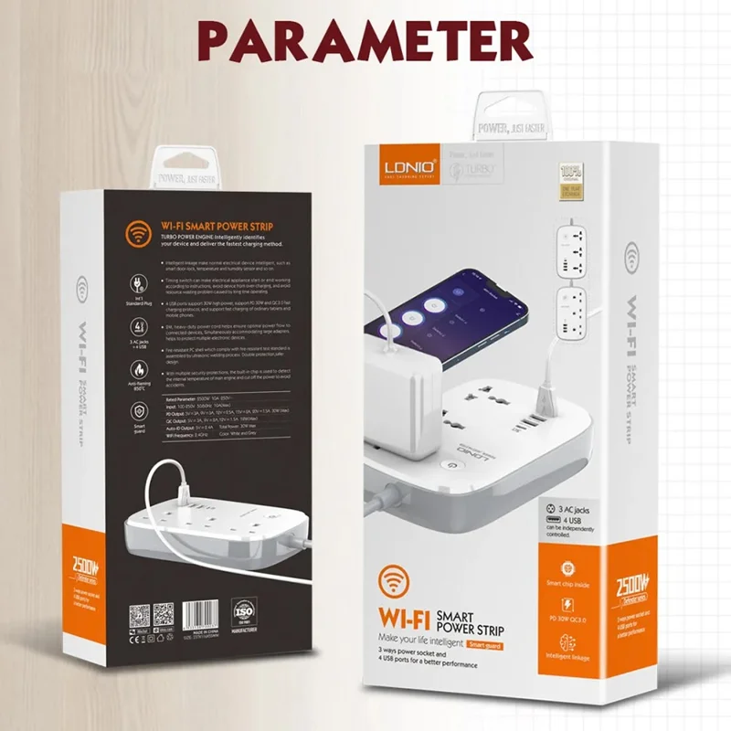 LDNIO SCW3451 Smart WiFi Power Strip 3 AC Outlets + 4 USB Ports 30W Fast Charging Remote Control Charger Power Socket - White