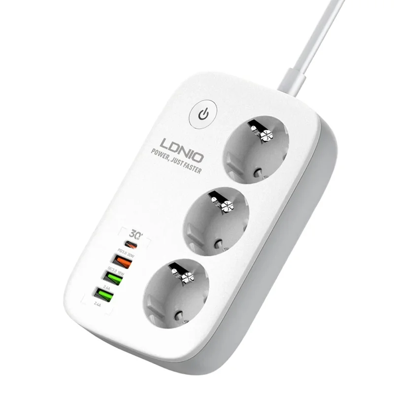 LDNIO SEW3452 Fita de Alimentação Inteligente WiFi 30W PD Carregamento Rápido 3 Tomadas AC EU 4 Portas USB Tomada de Alimentação com Controlo Remoto - Branco