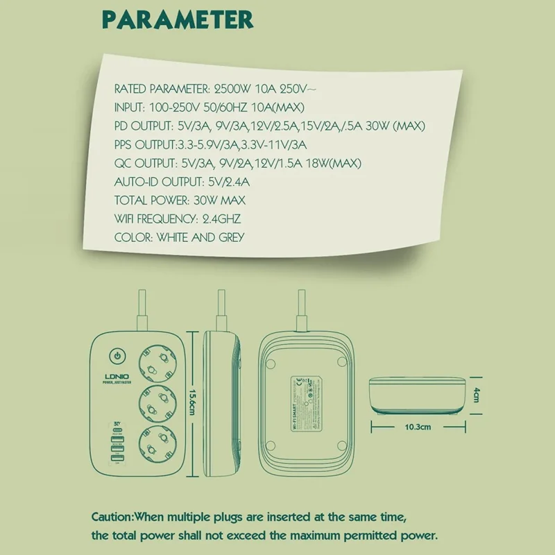 LDNIO SEW3452 Fita de Alimentação Inteligente WiFi 30W PD Carregamento Rápido 3 Tomadas AC EU 4 Portas USB Tomada de Alimentação com Controlo Remoto - Branco