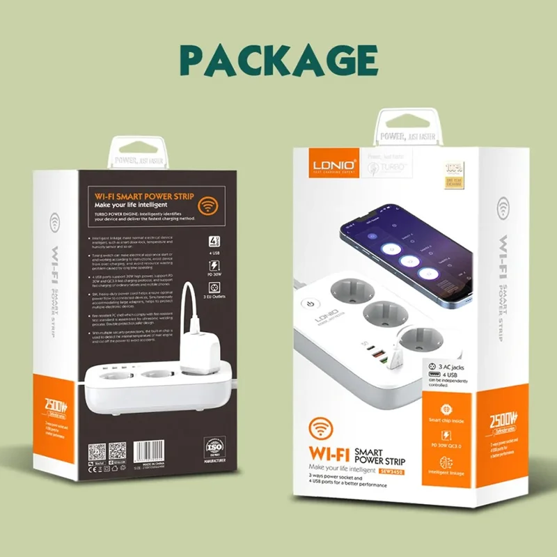 LDNIO SEW3452 Fita de Alimentação Inteligente WiFi 30W PD Carregamento Rápido 3 Tomadas AC EU 4 Portas USB Tomada de Alimentação com Controlo Remoto - Branco