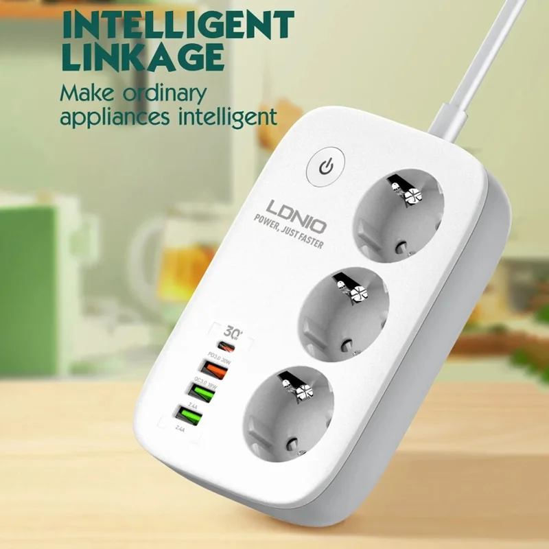 LDNIO SEW3452 Fita de Alimentação Inteligente WiFi 30W PD Carregamento Rápido 3 Tomadas AC EU 4 Portas USB Tomada de Alimentação com Controlo Remoto - Branco