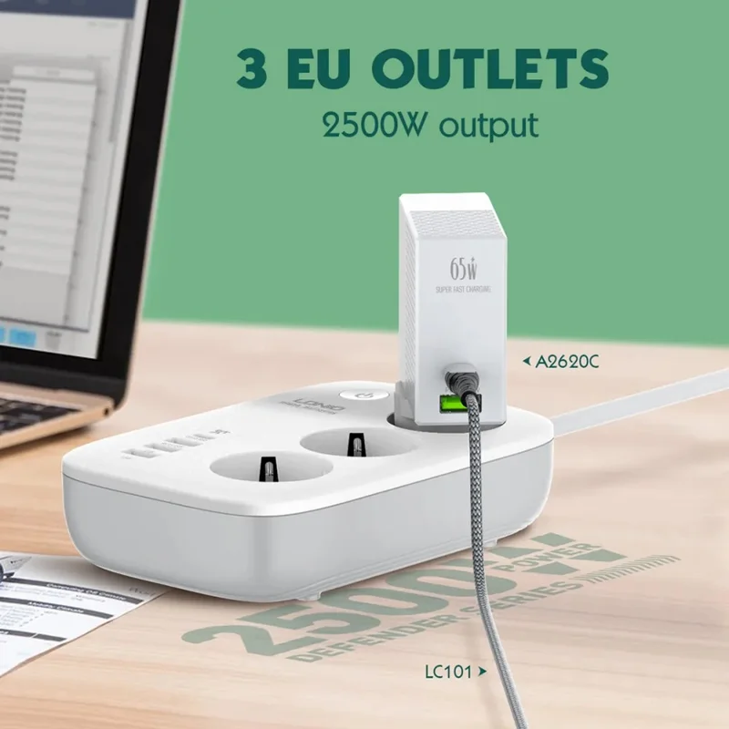 LDNIO SEW3452 Fita de Alimentação Inteligente WiFi 30W PD Carregamento Rápido 3 Tomadas AC EU 4 Portas USB Tomada de Alimentação com Controlo Remoto - Branco