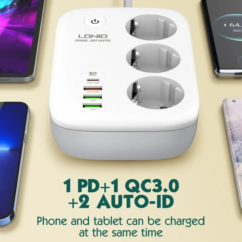 LDNIO SEW3452 Fita de Alimentação Inteligente WiFi 30W PD Carregamento Rápido 3 Tomadas AC EU 4 Portas USB Tomada de Alimentação com Controlo Remoto - Branco