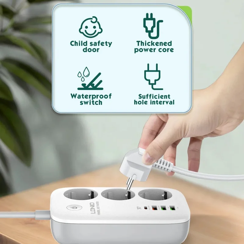 LDNIO SEW3452 Fita de Alimentação Inteligente WiFi 30W PD Carregamento Rápido 3 Tomadas AC EU 4 Portas USB Tomada de Alimentação com Controlo Remoto - Branco
