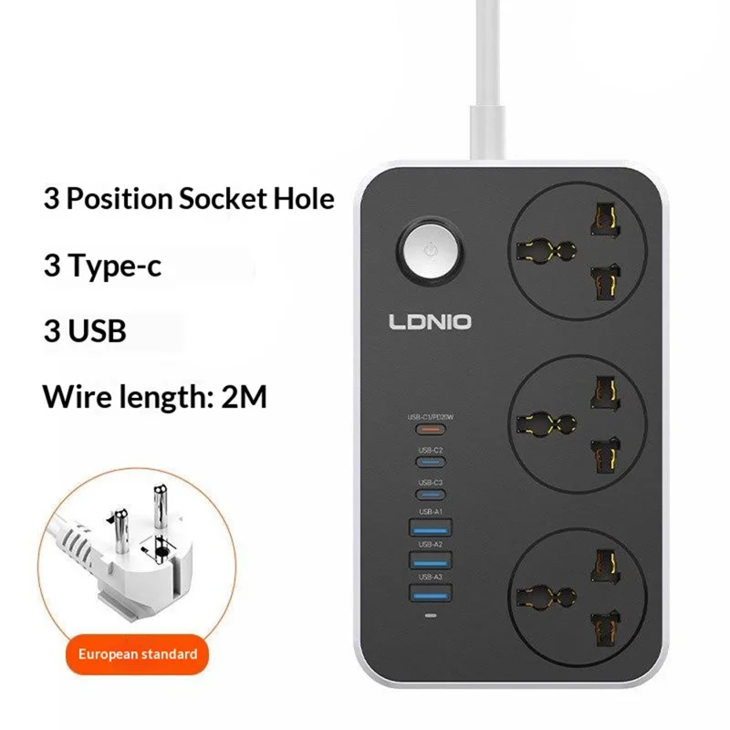LDNIO SC3604C Tira de alimentación con carga rápida de 20 W, 3 enchufes AC, 6 puertos USB, enchufe de 2 m, color negro / enchufe europeo