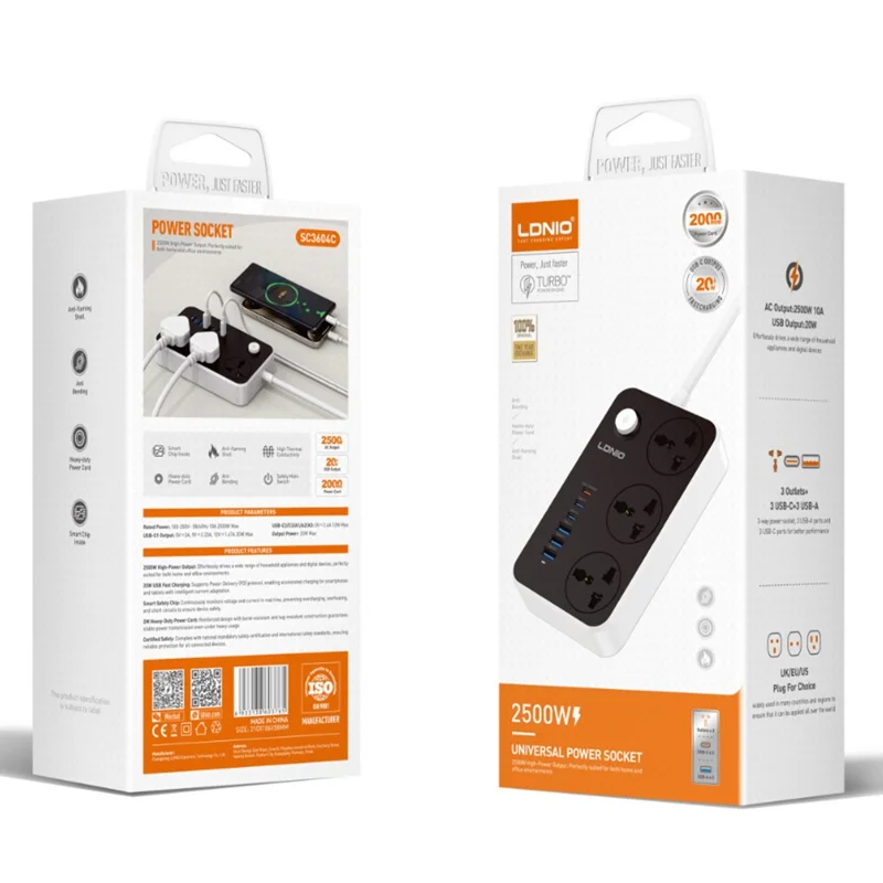 LDNIO SC3604C Tira de alimentación con carga rápida de 20 W, 3 enchufes AC, 6 puertos USB, enchufe de 2 m, color negro / enchufe europeo