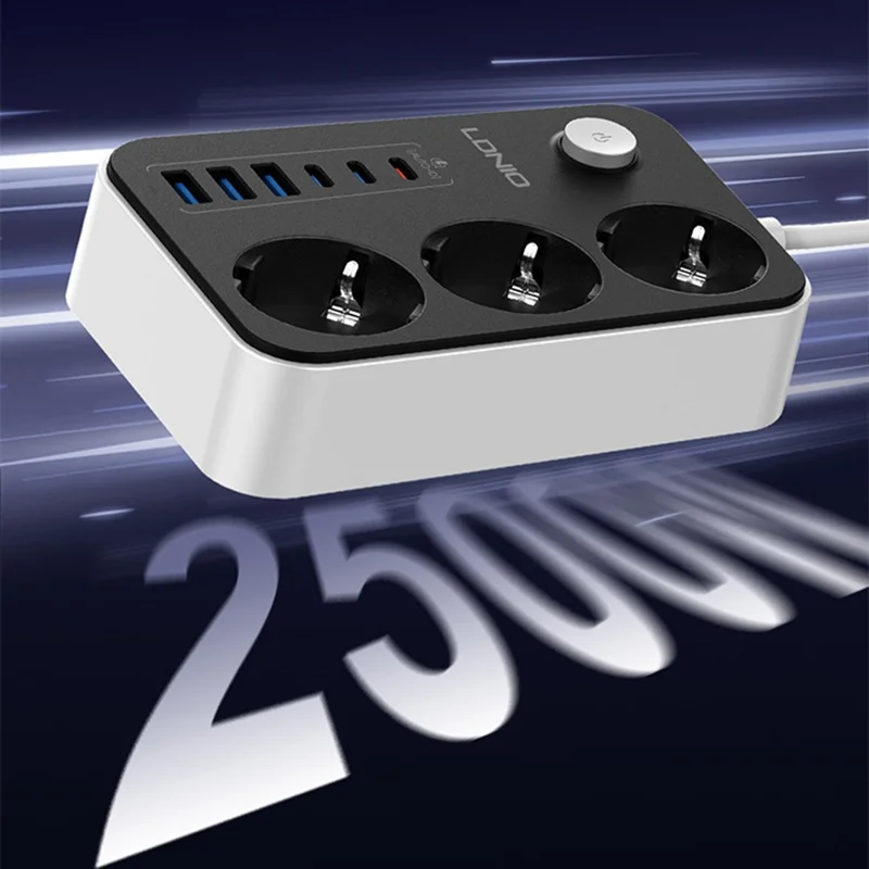 LDNIO SE3631C Regleta de Carga Rápida 20 W con 3 Tomas AC de Enchufe UE, 6 Puertos USB, Enchufe con Cable de 2 m - Negro / Enchufe UE