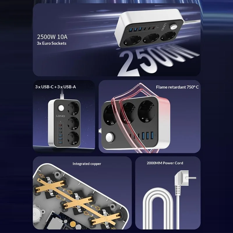 LDNIO SE3631C Regleta de Carga Rápida 20 W con 3 Tomas AC de Enchufe UE, 6 Puertos USB, Enchufe con Cable de 2 m - Negro / Enchufe UE