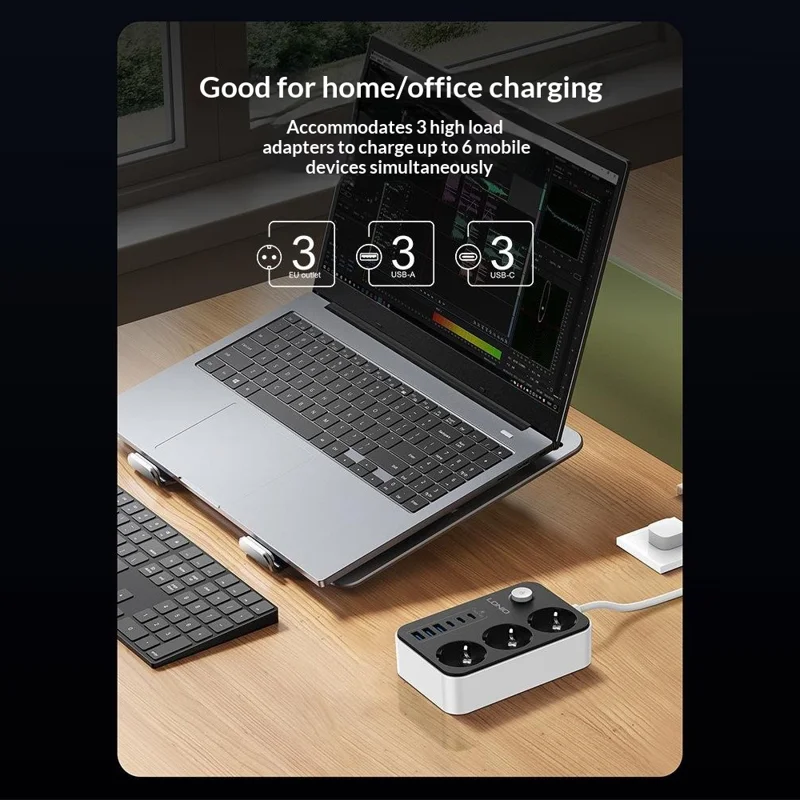 LDNIO SE3631C Regleta de Carga Rápida 20 W con 3 Tomas AC de Enchufe UE, 6 Puertos USB, Enchufe con Cable de 2 m - Negro / Enchufe UE
