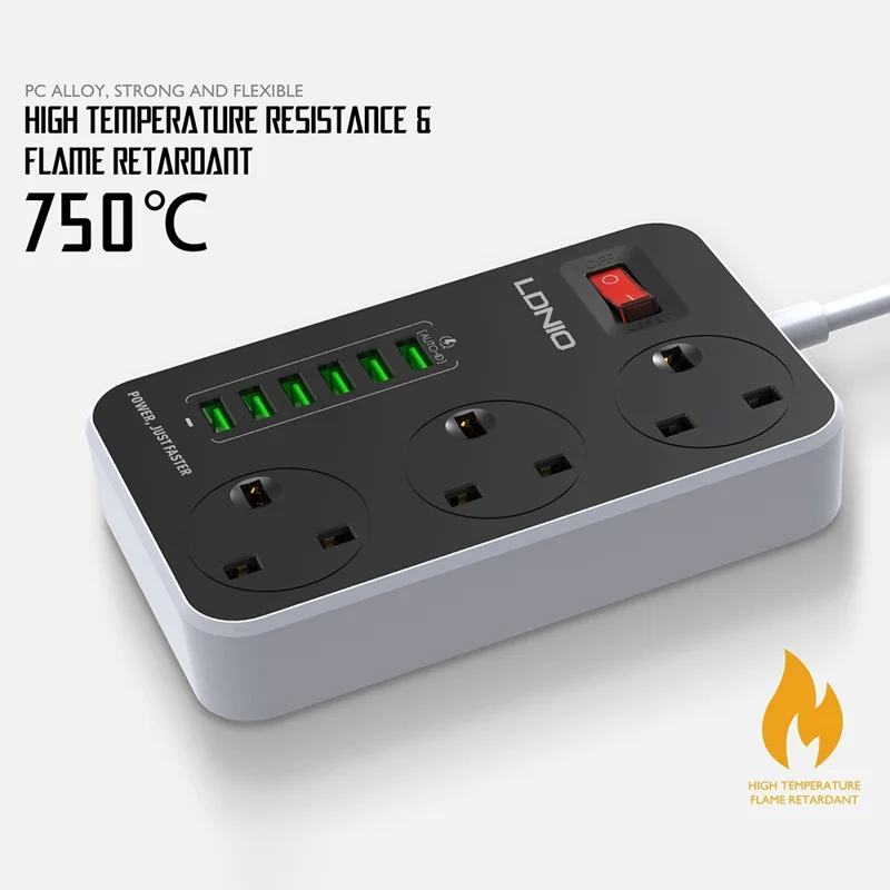 LDNIO SK3662 Multiprise avec Chargeur Rapide 20 W, 3 Prises Secteur, 6 Ports USB, Prise avec Câble de 2 m - Noir / Prise UK