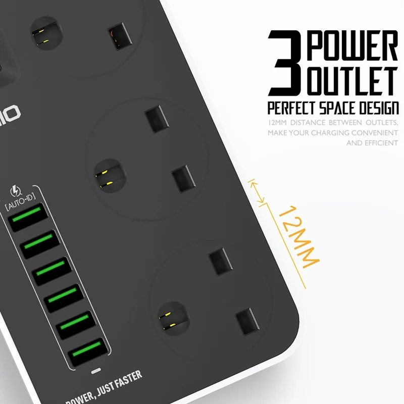 LDNIO SK3662 Multiprise avec Chargeur Rapide 20 W, 3 Prises Secteur, 6 Ports USB, Prise avec Câble de 2 m - Noir / Prise UK